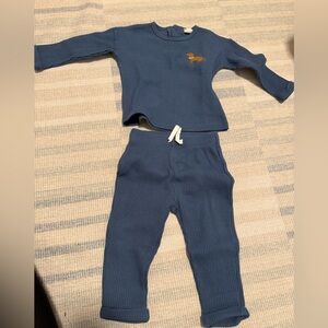 Petite Lem Blue waffle knit shirt and pant Set with appliqué dog 12 months